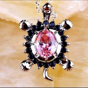 Turtle Necklace With Pink Topaz Black Spinal